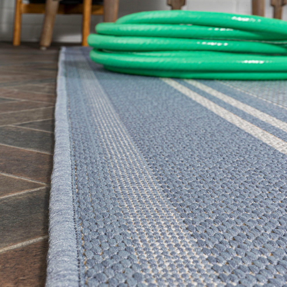 Haynes Modern Double Stripe Indoor/Outdoor Area Rug, Blue/Light Gray, 8x10