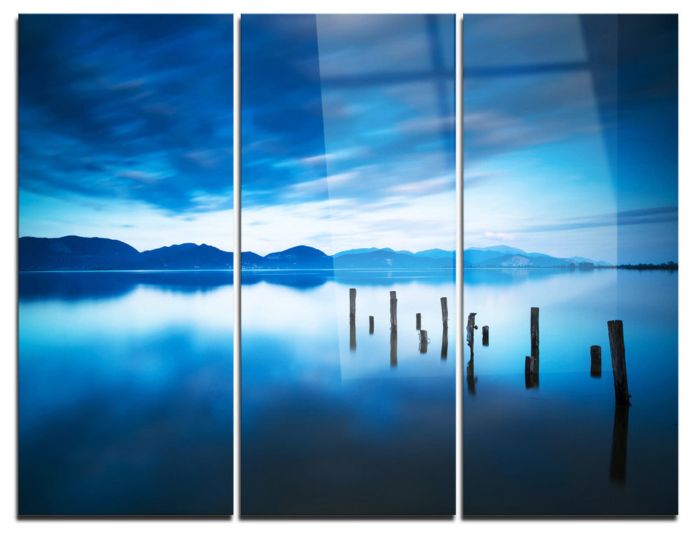 "Blue Lake With Wooden Pier" Photo Metal Wall Art, 3 Panels, 36"x28"