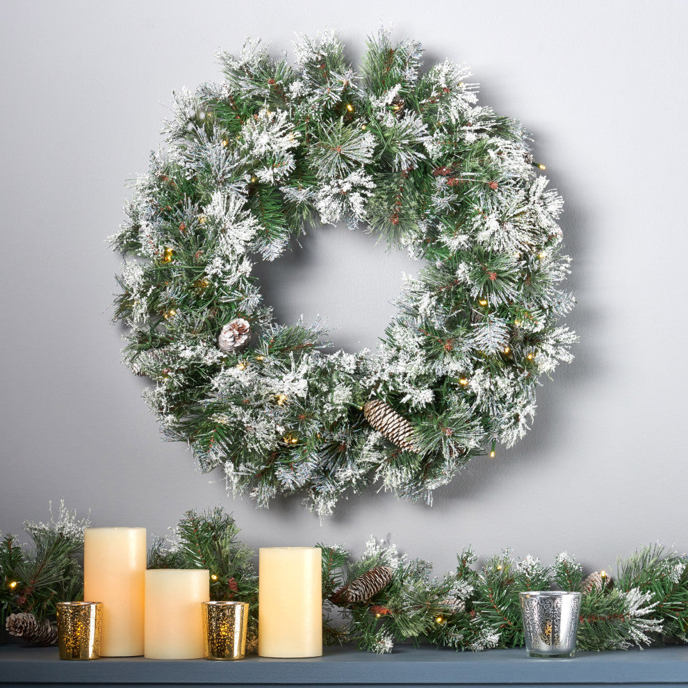 24" Mixed Spruce LED Artificial Christmas Wreath, Green
