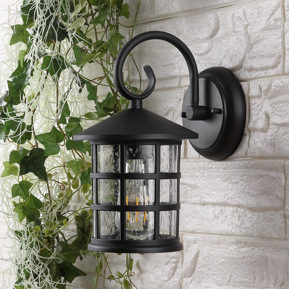 Cadiz 6" 1-Light Iron/Seeded Glass Rustic Outdoor Lantern, Black, Set of 2