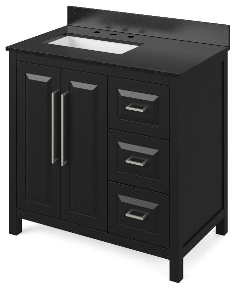 Cade Transitional 36" Black Left Offset Sink Vanity, Black Granite Vanity Top