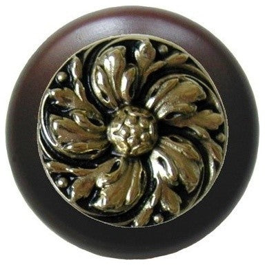 Chrysanthemum Wood Knob, Antique Brass, Dark Walnut Wood Finish, Brite Brass