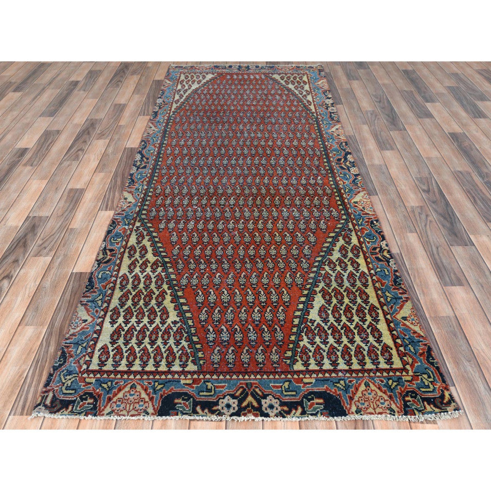 Tomato Red Wool Vintage Persian Serab Hand Knotted Wool Worn Down Rug, 3'7"x9'3"