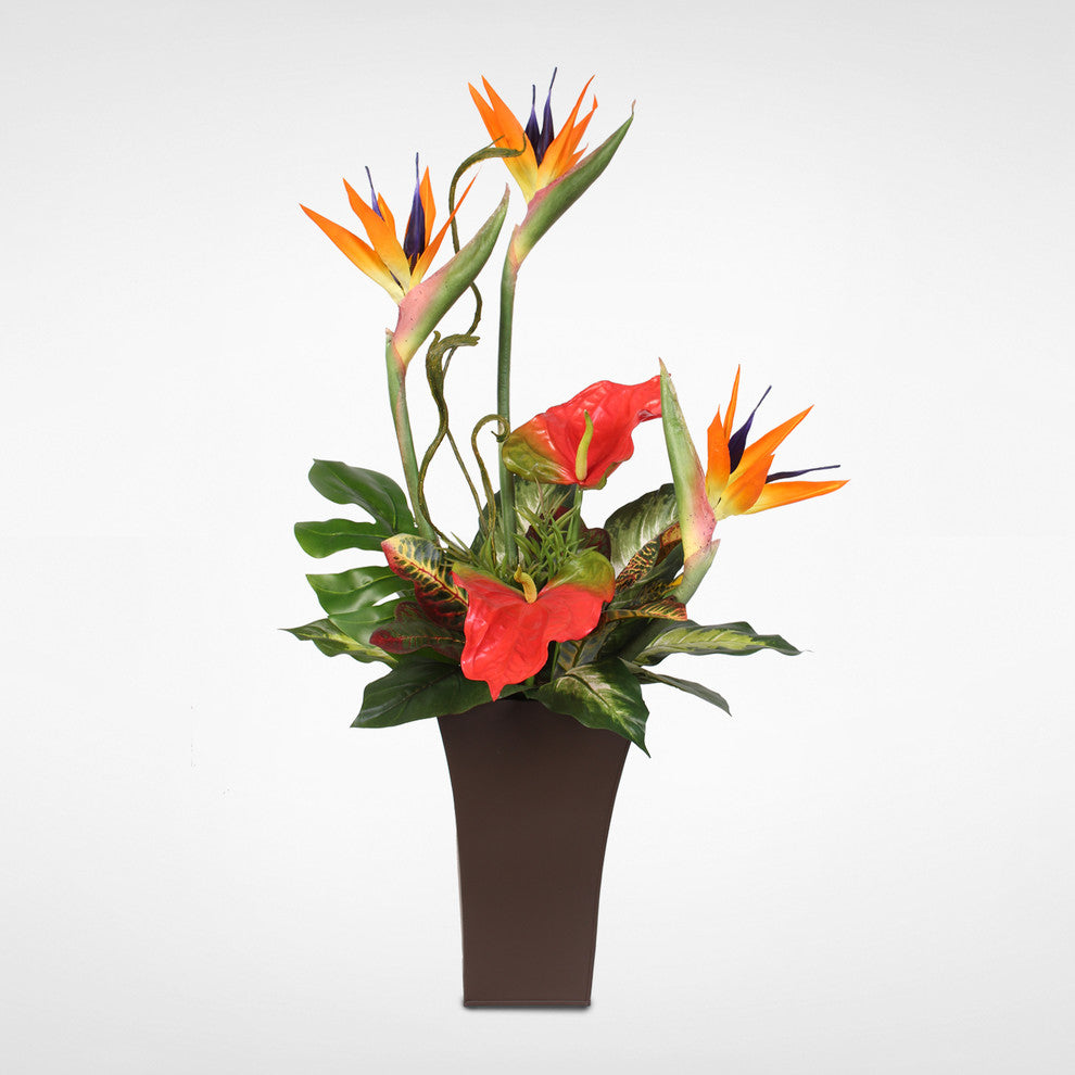 Large Silk Bird Of Paradise and Anthurium in Tall Metal Container