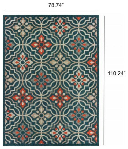 6' X 9' Blue Orange Floral Lattice Indoor Outdoor Area Rug