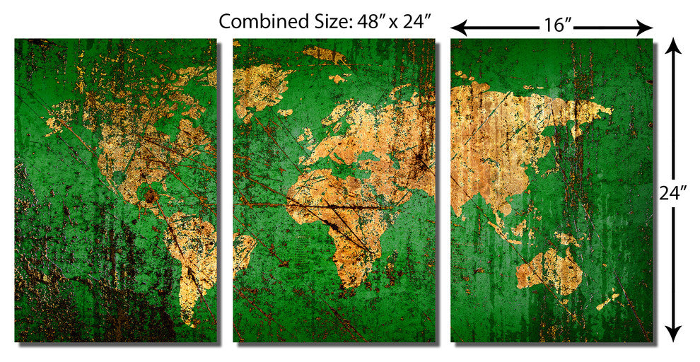 Abstract Green World Map Metal Print Wall Art, 3 Panel Split, Triptych, 48x24