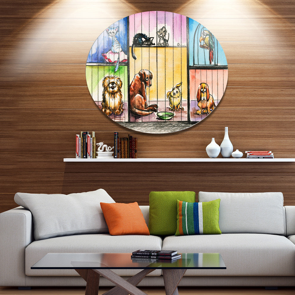 Sad Animals In The Pound, Animal Large Disc Metal Wall Art, 23"