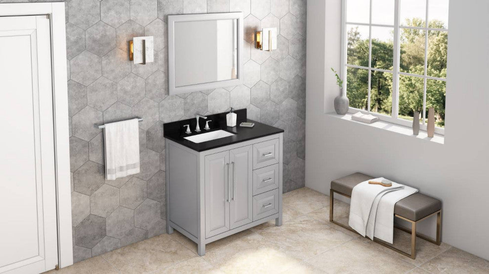 Cade Transitional 36" Grey Left Offset Sink Vanity, Black Granite Vanity Top