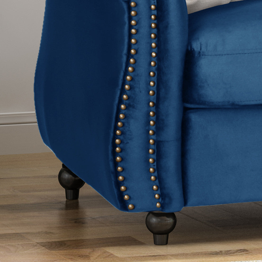 GDF Studio Vita Chesterfield Tufted Jewel Toned Velvet Sofa With Scroll Arms, Navy Blue