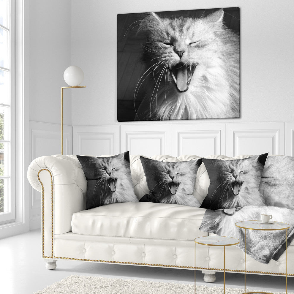 Yawning White Cat Animal Throw Pillow, 18"x18"