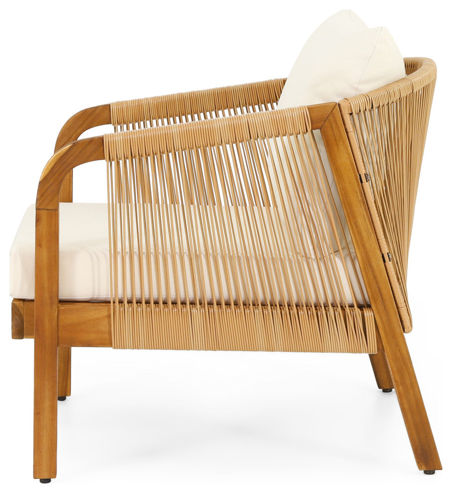 Allerton Outdoor Acacia Wood and Wicker Club Chairs With Cushions, Set of 2