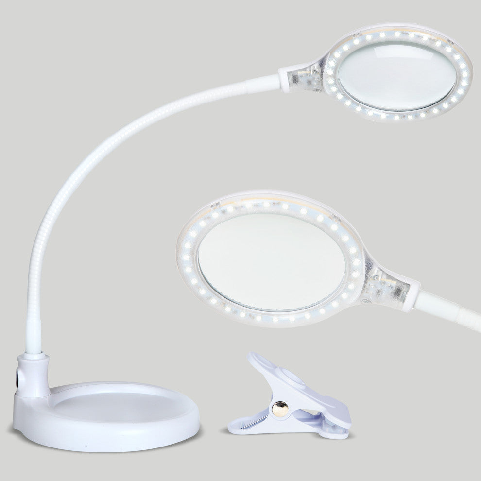 Brightech Lightview Flex 2 in 1 Desk Lamp, 5 Diopter Glass Flexible Gooseneck, White