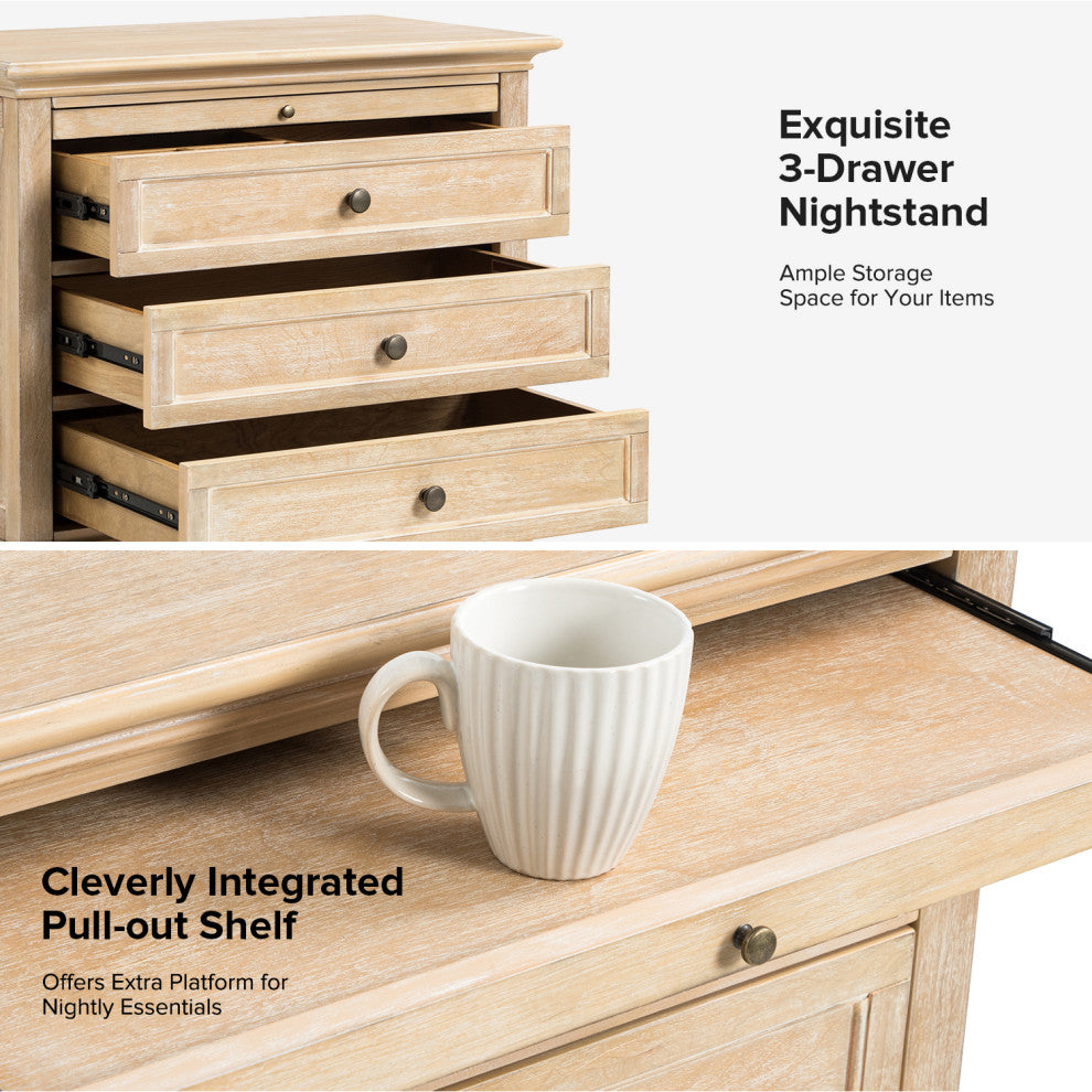 3-Drawer Nightstand With  Built-In Outlets Set of 2, Natural
