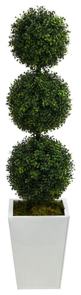 46" Boxwood Triple Ball Topiary Faux Tree, White Metal Planter, Indoor/Outdoor