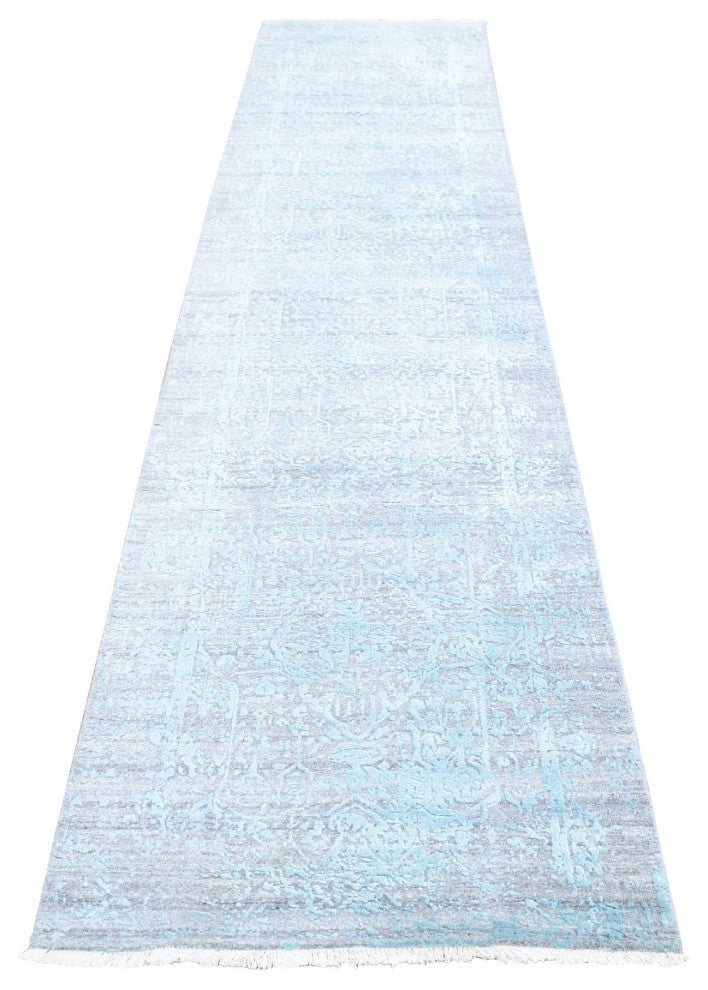 Wool and Pure Silk Hand Knotted Gray Broken Persian XL Runner Rug, 2'7" x 14'0"