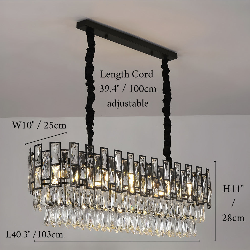Clans | Modern Rectangle Black Crystal Chandelier, Warm Light, Dimmable