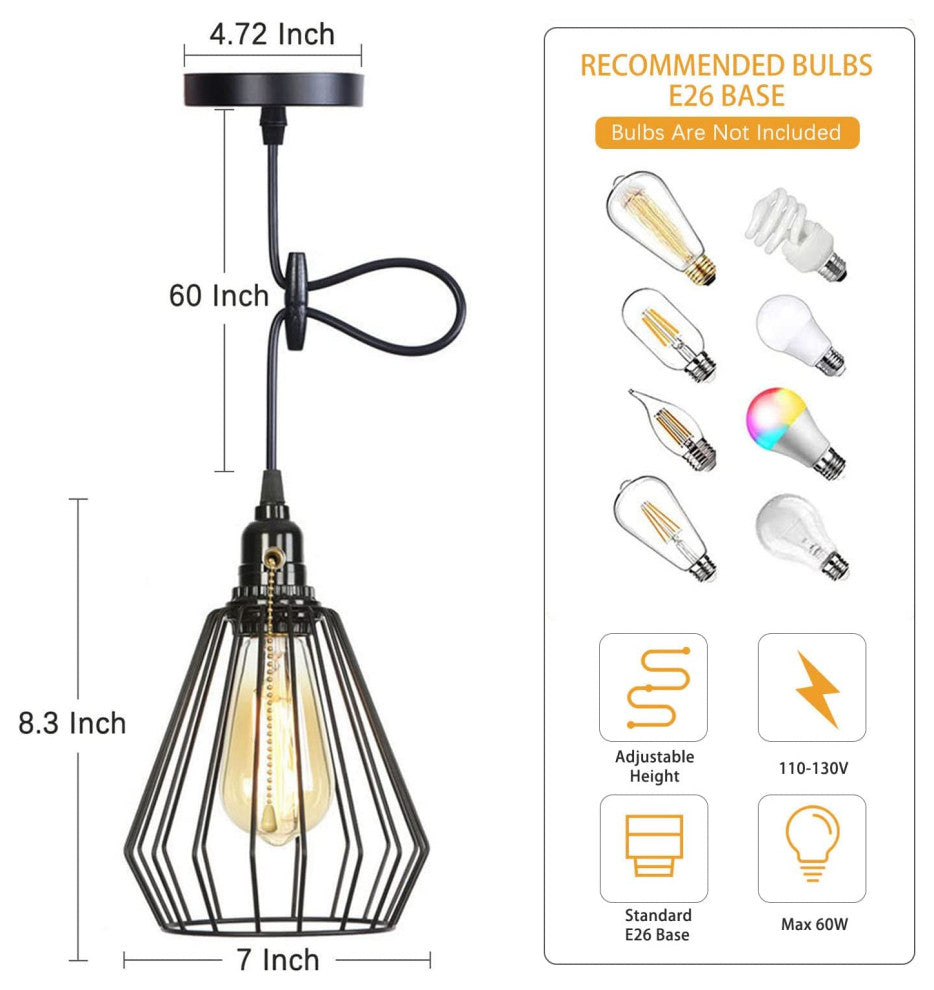 Vintage Industrial Pendant Light Adjustable Black Cage Hanging Lighting