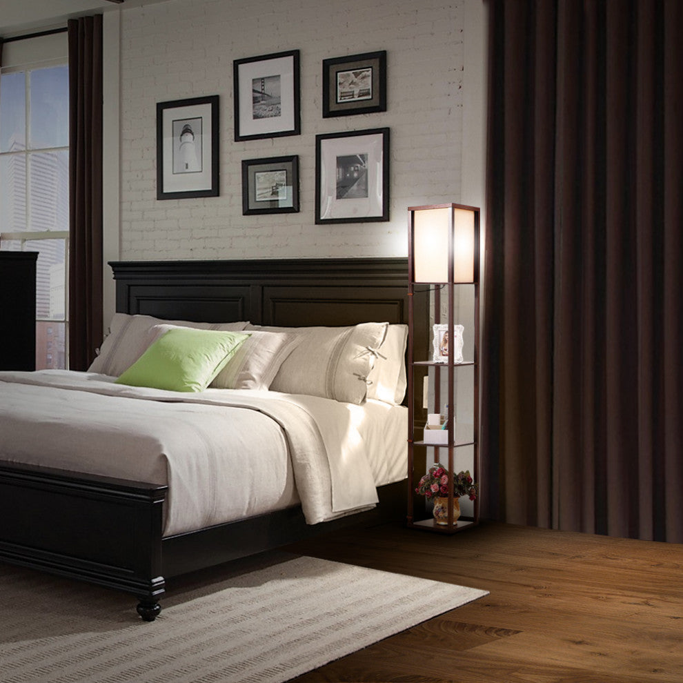 Brightech Maxwell - Modern LED Shelf Floor Lamp - Skinny End Table & Nightstand, Havanah Brown