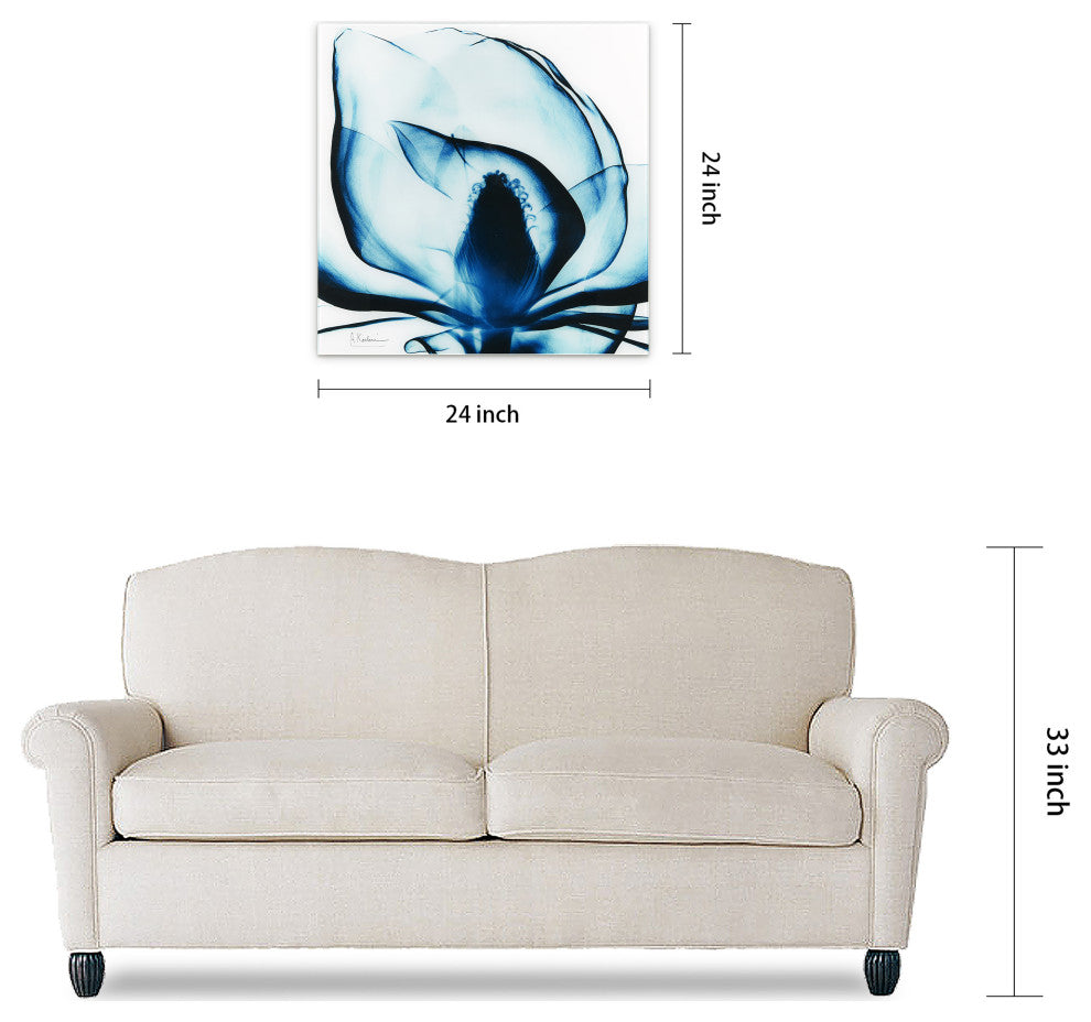 Blue Magnolia X-Ray Flower Wall Art Frameless Free Floating Tempered Glass Panel