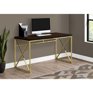 Computer Desk, Home Office, Laptop, Work, Metal, Laminate, Brown, Gold