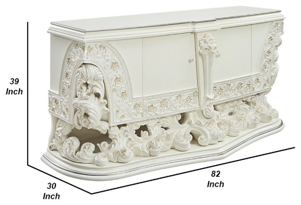 Benzara BM275670 Classic Ornate Carved Side Dresser With 2 Doors, Wood, White