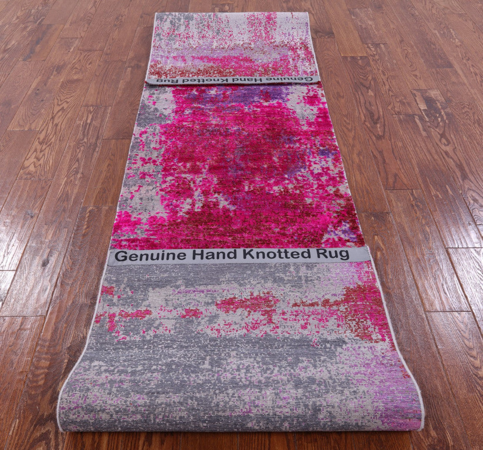 2' 6" X 12' 0" Runner Modern Wool and Silk Handmade Rug Q9085