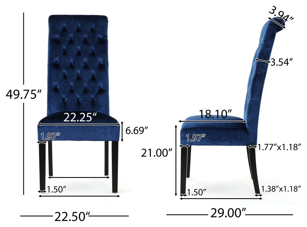 GDF Studio Leona Tall Back Tufted New Velvet Dining Chairs, Set of 2, Navy Blue