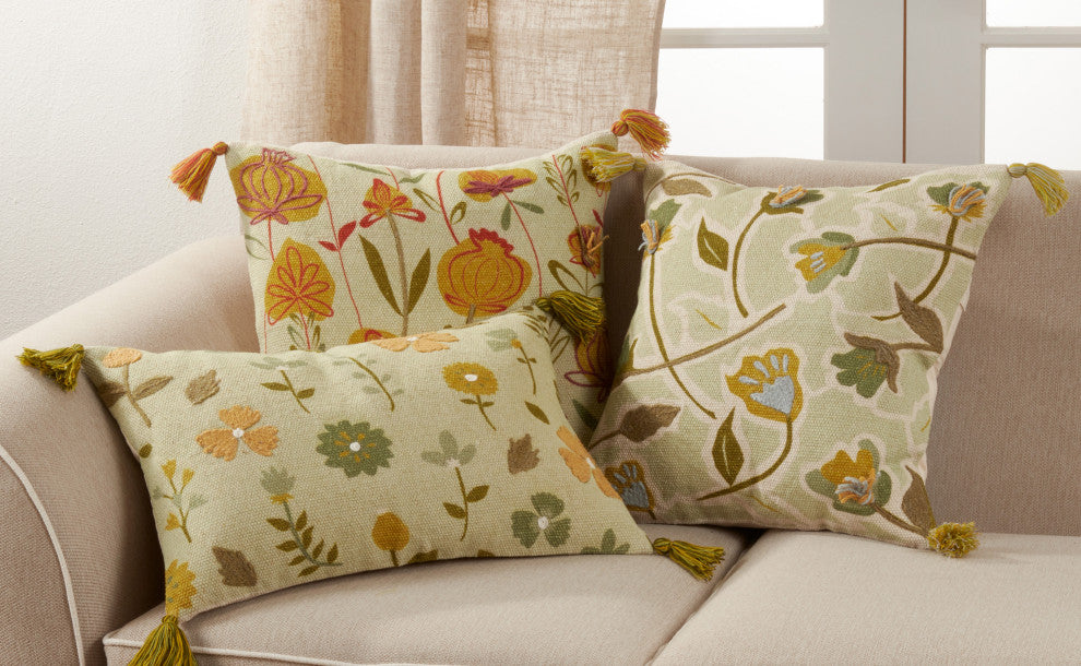 Poly Filled Throw Pillow With Embroidered Large Floral Design, 20"x20", Green