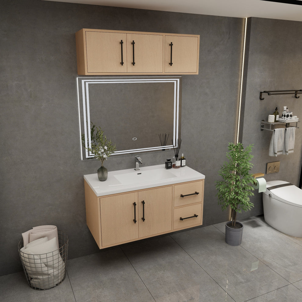 Victoria 42" Solid Wood Bath Vanity, Overhead Cabinet, Yellow Oak