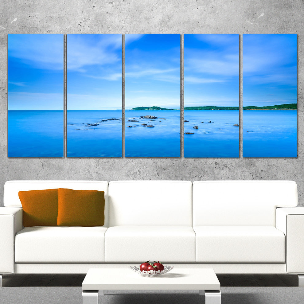 "Baratti Bay Small Rocks in Blue Sea" Seashore Wall Art, 5 Panels, 60"x28"