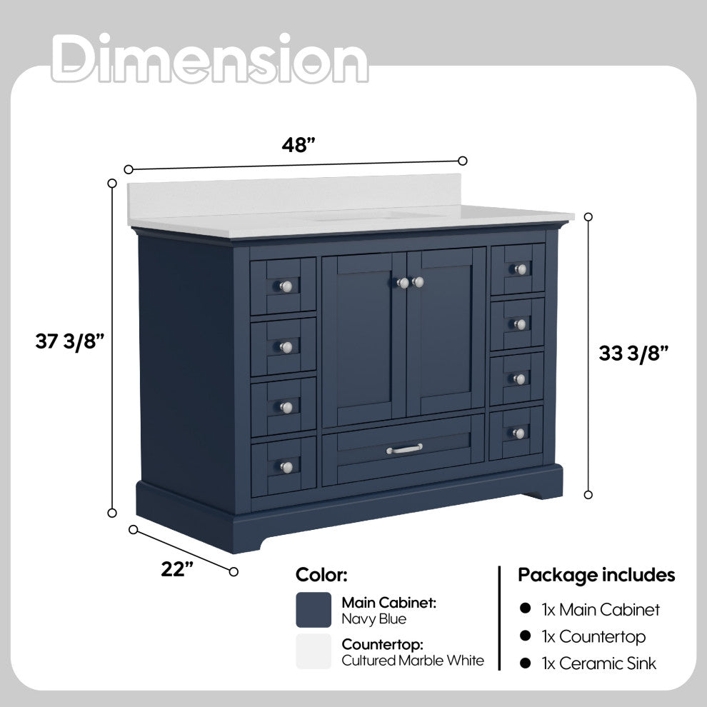48" Freestanding Bathroom Vanity with White Cultured Marble Top in White