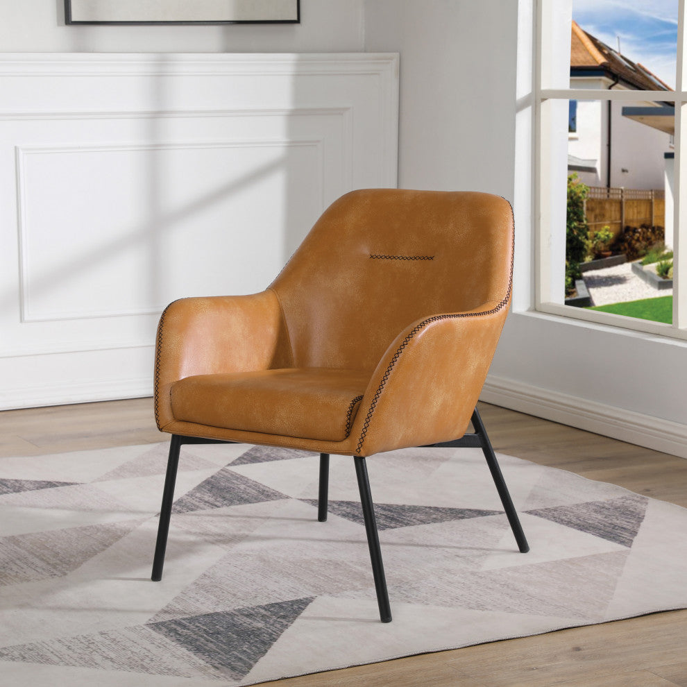 Brooks Accent Chair, Sand Faux Leather With Black Stitch and Black Legs