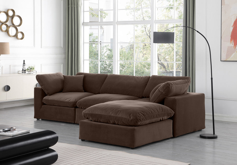 Comfy Upholstered L-Shaped Modular Sectional, Brown, 4-Piece: 1 Armless Chair, 2 Corner Chair, 1 Ottoman, Velvet