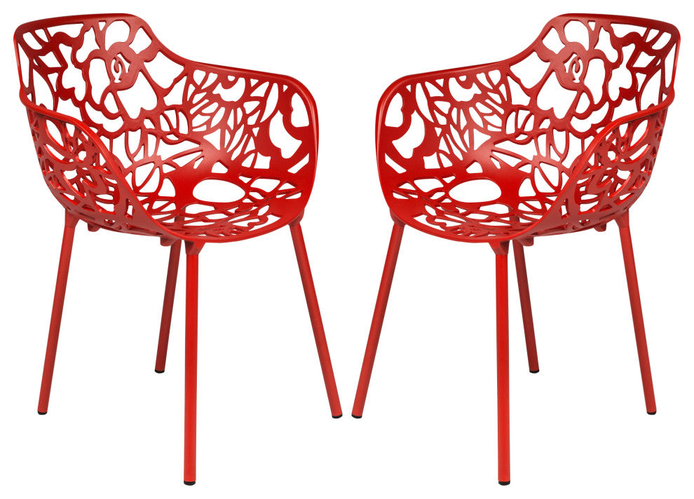 LeisureMod Devon Aluminum Patio Dining Set With Table and 2 Armchairs, Red