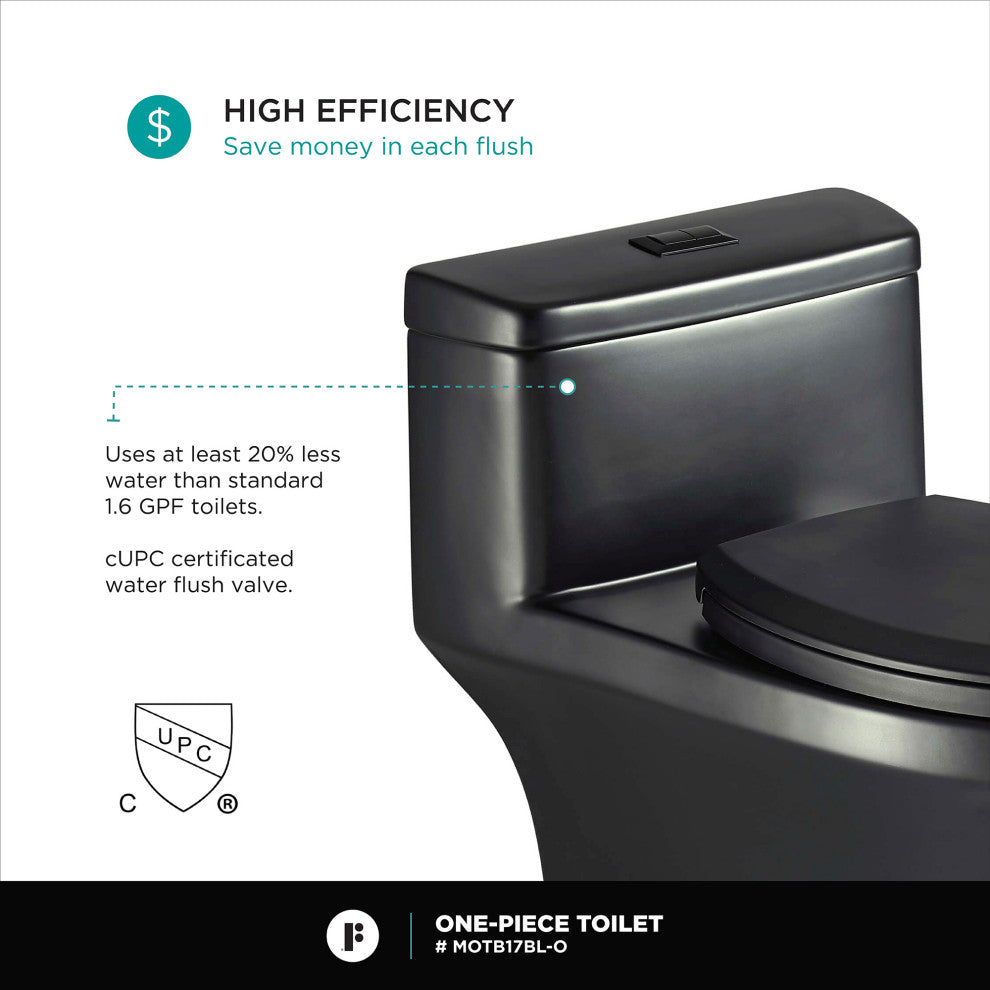 Fine Fixtures Dual-Flush Elongated One-Piece Toilet, Black Matte