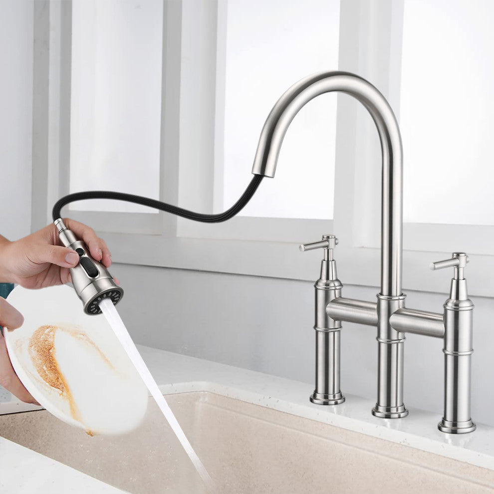 Double Handle High Arc Bridge Kitchen Faucet with Pull-Down Spray Head