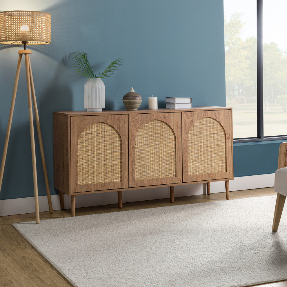 3-doors Modern Sideboard Cabinet With Rattan Design, Oak
