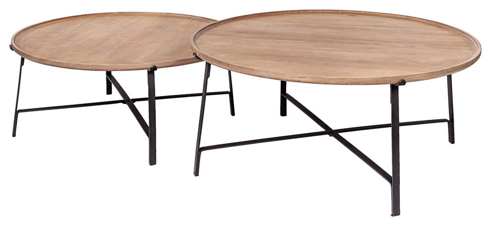 Helios I, Set of 2 Brown Solid Wood Top Black Metal Base Nesting Coffee Tables