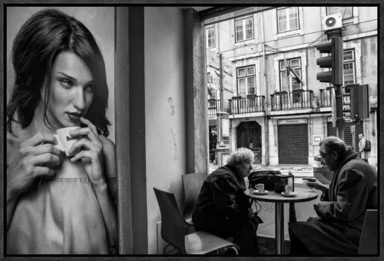 "Coffee Conversations" Framed Canvas Giclee by Luis Sarmento, 23x16"