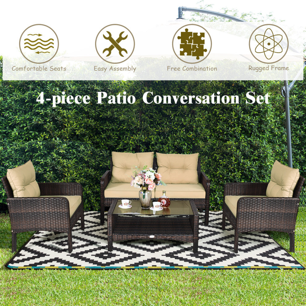 Costway 4PCS Patio Rattan Furniture Set Loveseat Coffee Table Garden Cushioned