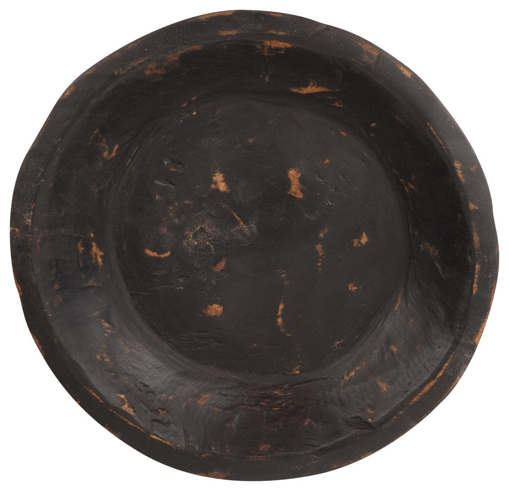 Painted Round Rustic Farmhouse Wooden Dough Bowl, Black, Round