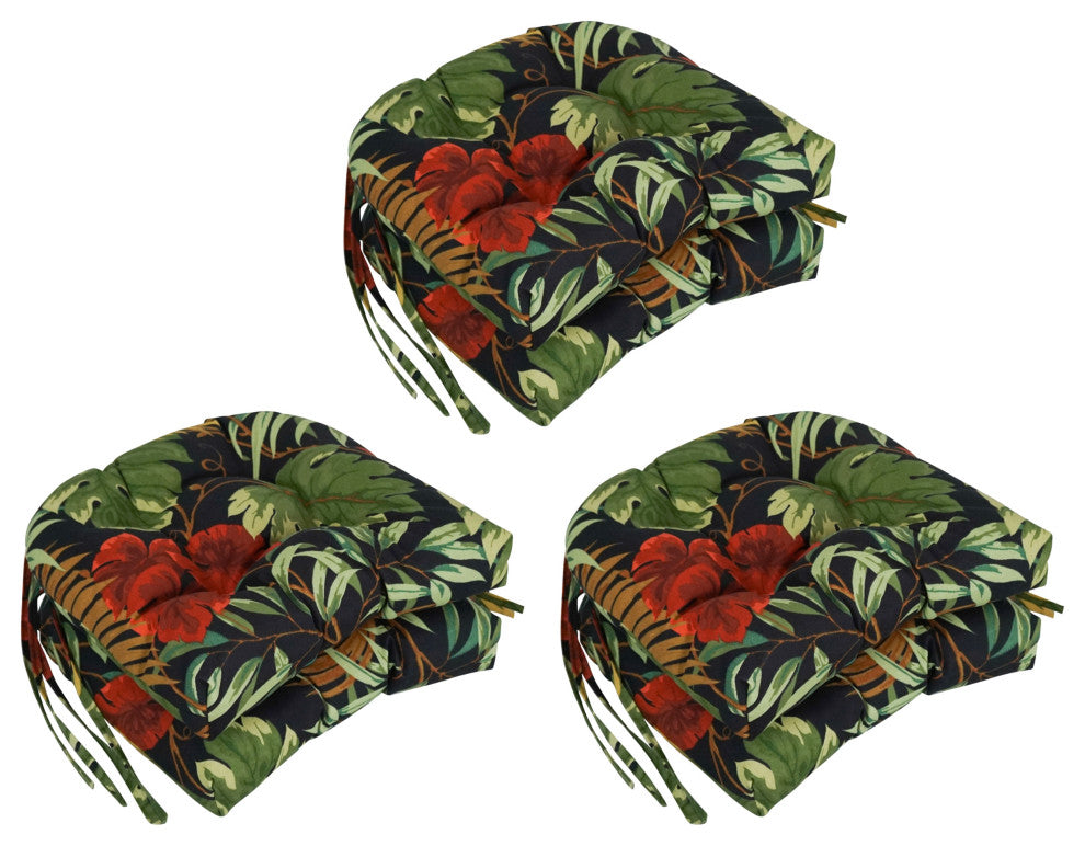 16" Patterned Outdoor U-Shaped Tufted Chair Cushions, Set of 6, Tropique Raven