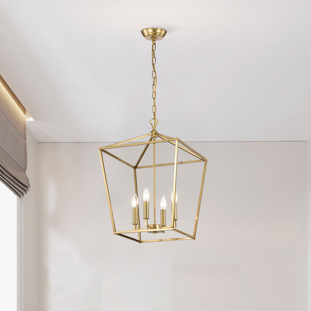4-Light 16 in. Gold Caged Lantern Modern Pendant