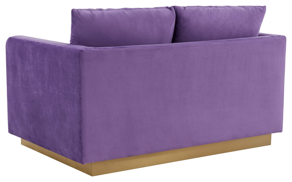 LeisureMod NS55PU Nervo Purple Modern Mid-Century Velvet Loveseat Gold Frame