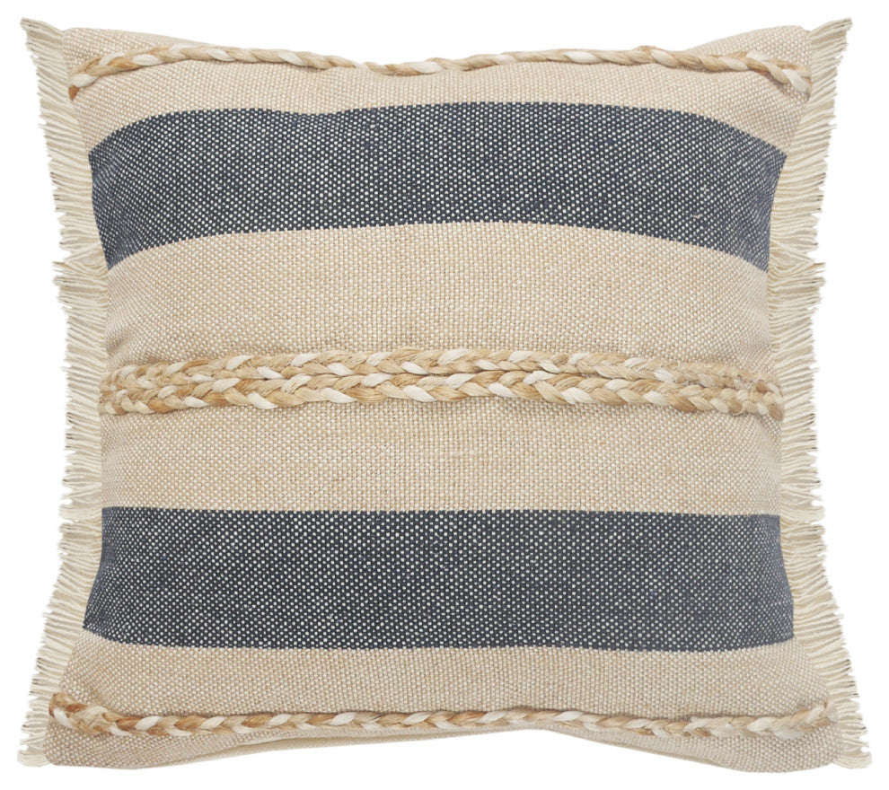 Ox Bay Blue/Tan Stripe Cotton Blend Pillow Cover, 20"x20"