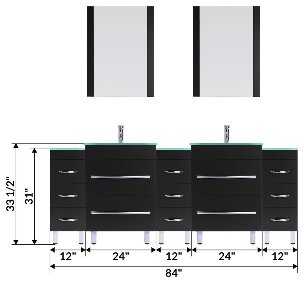 84" Black Vanity, 24" Double Sink Bases, Triple 12 Drawer Bases, LV4-C19-84-B