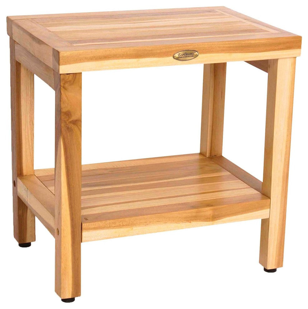 EcoDecors EarthyTeak Classic Teak Shower Bench With Shelf, 18"