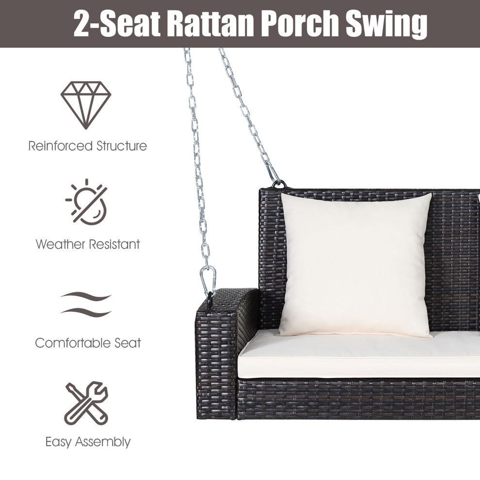 Costway 2-Person Patio Rattan Hanging Porch Swing Bench Chair Cushion Beige