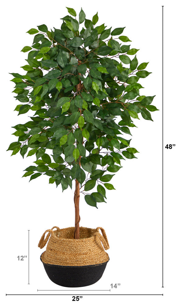 4' Ficus Artificial Tree in Boho Chic Handmade Cotton & Jute Black Woven Planter