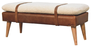 Solid Wood Boucle Buffalo Hide Leather Bench, Cream & Brown
